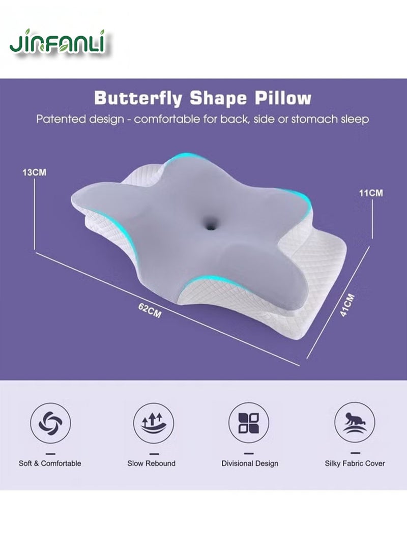 جين فان ل أنا وسادة رقبة على شكل فراشة 62 × 13 سم مع حقيبة تخزين، مناسبة لتخفيف آلام الكتف والرقبة، وسادة رقبة من إسفنج الذاكرة، مريحة، وسادة سرير داعمة للرقبة - Image 2